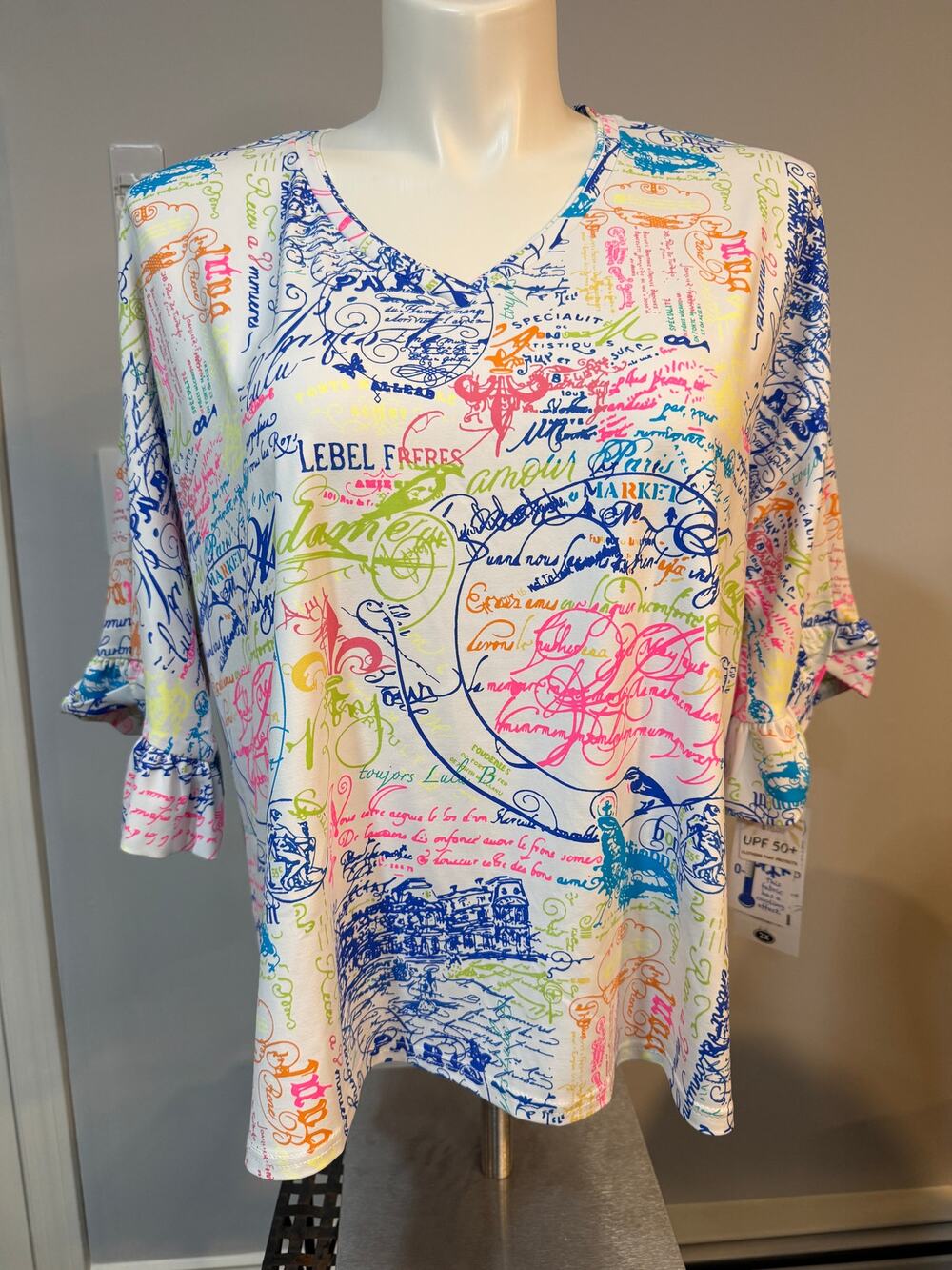 Lulu-B UPF 50+ Paris Script Ruffle Top Women's 2X Multicolor NWT